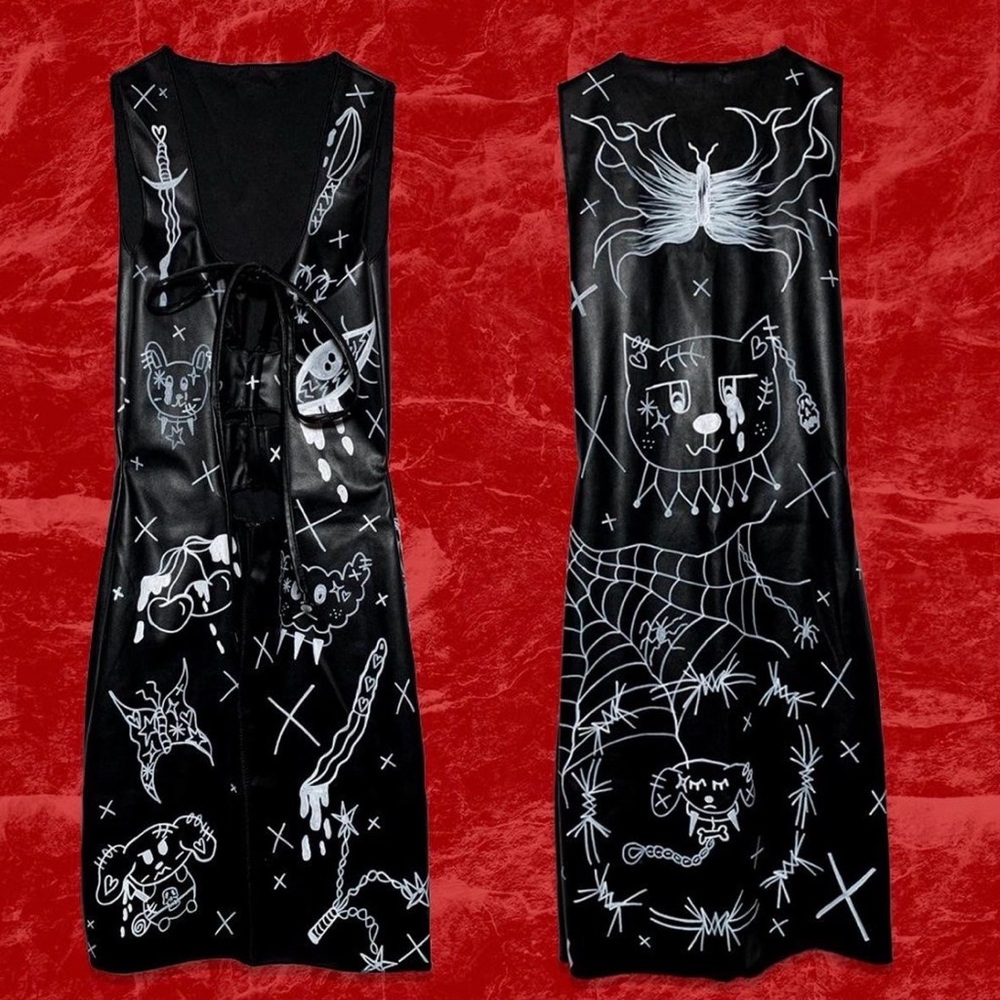 Black Graphic Gothic faux leather dress with White Illustrations